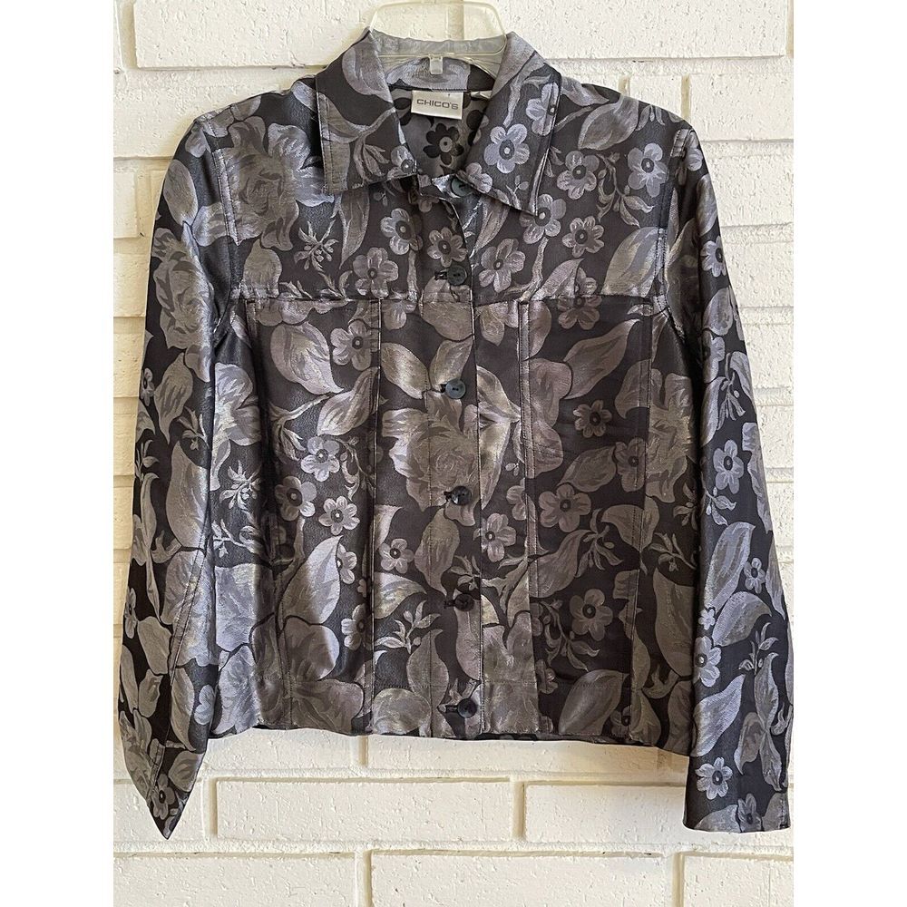 Chicos Rayon Silk Jacket Size 0 (Sm/4) Silver Metallic Floral Button Up